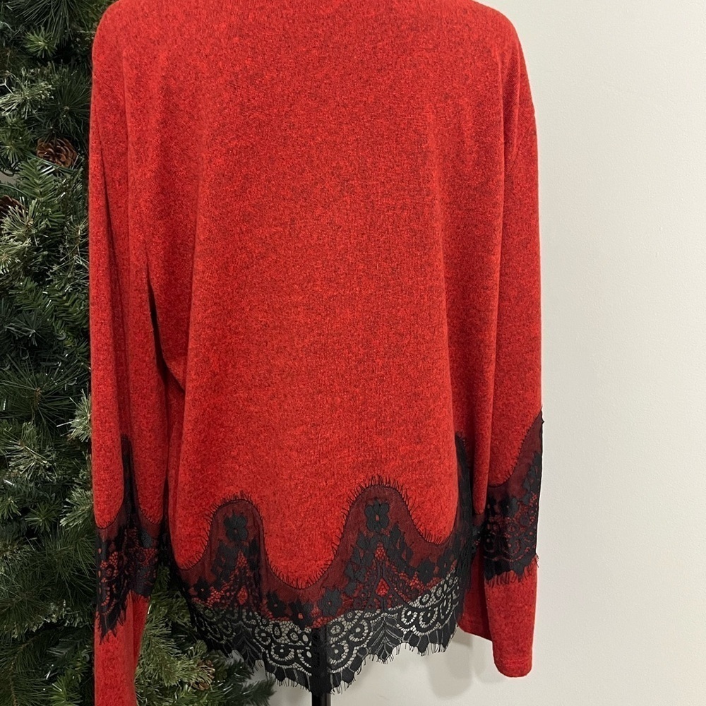 Red Asymmetrical Boxy Blouse with Black Lace Detail - Picture 2 of 6